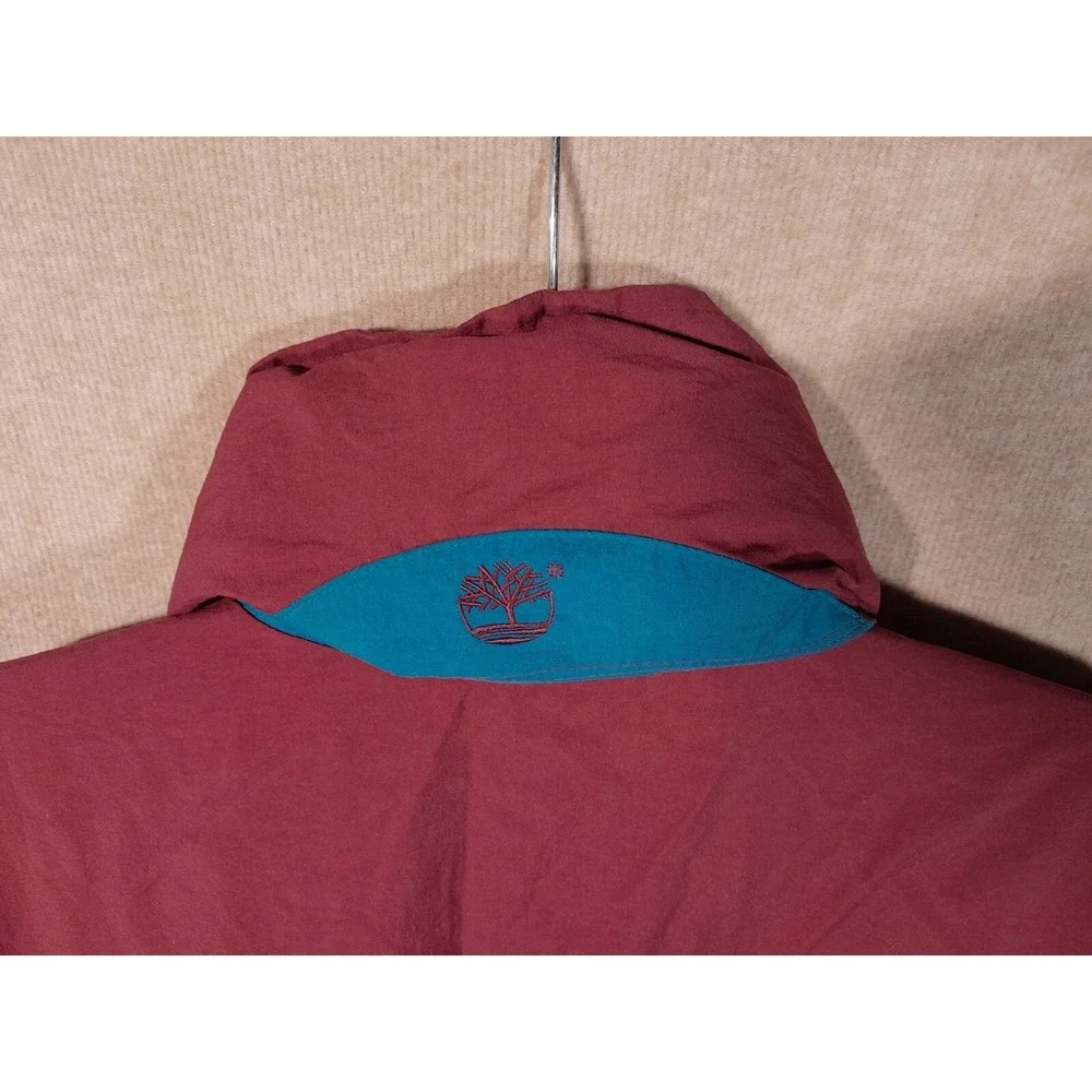 Timberland Rain Jacket Mens Burgundy Teal XL Vintage 90s Weathergear Hooded Coat